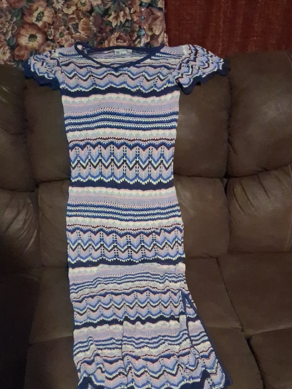 Jessica Simpson Navy Blue Pink Chevron Knit Asymmetrical Dress